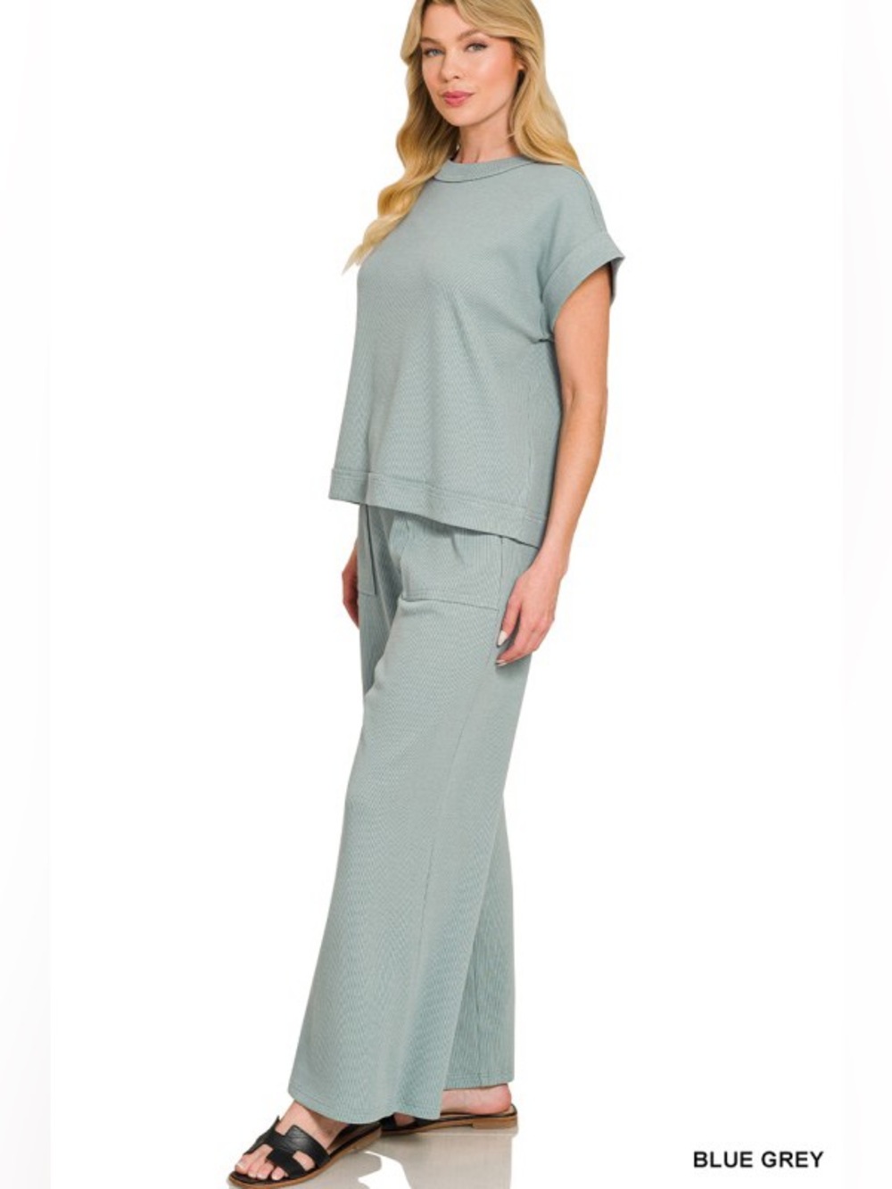 121 NWT Zenana Ribbed Thick Short Sleeve Blue Grey Tee & Pants Set